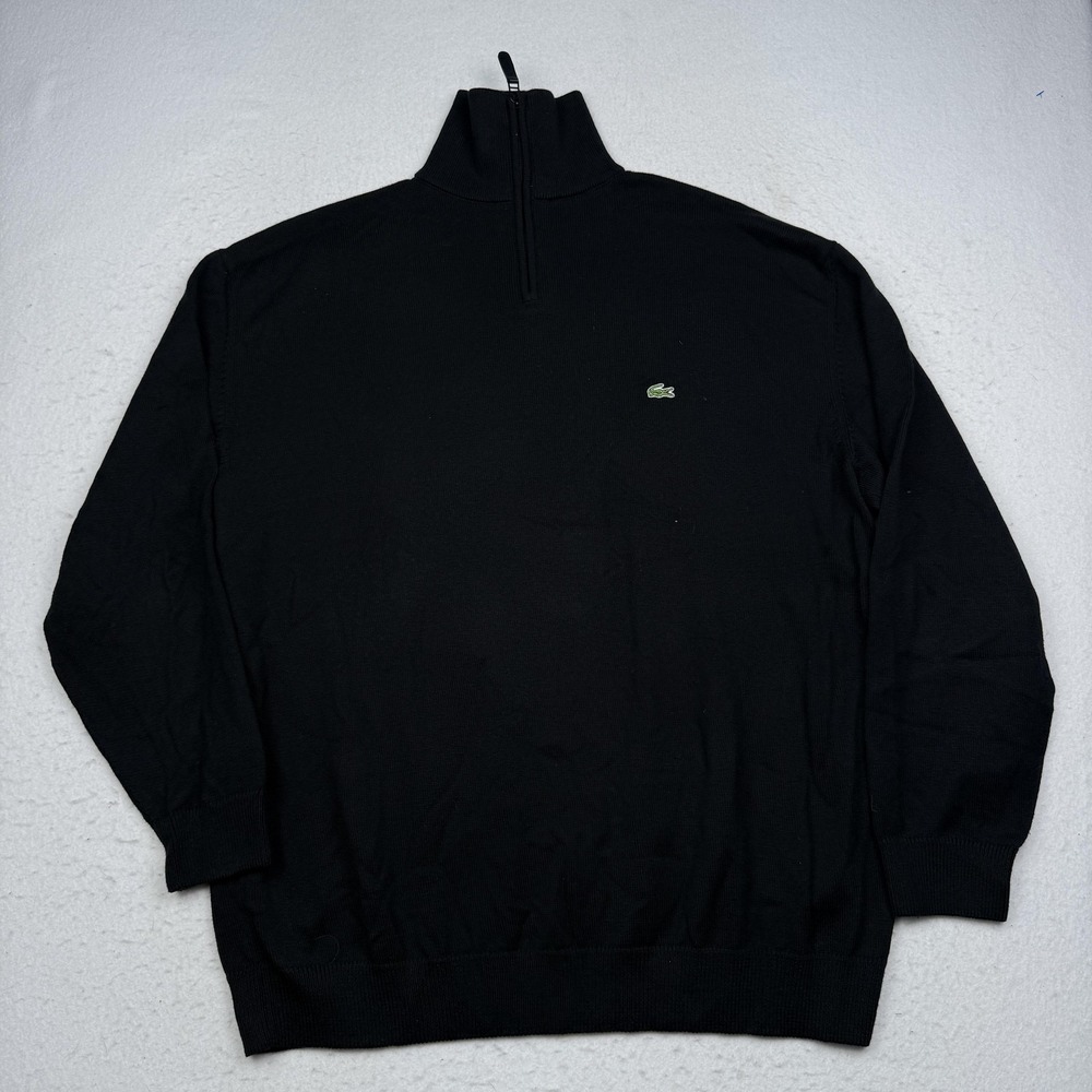 Lacoste Sweater Mens 4XL Black Cotton 1/4 Zip Mock Neck Knit Pullover Logo
